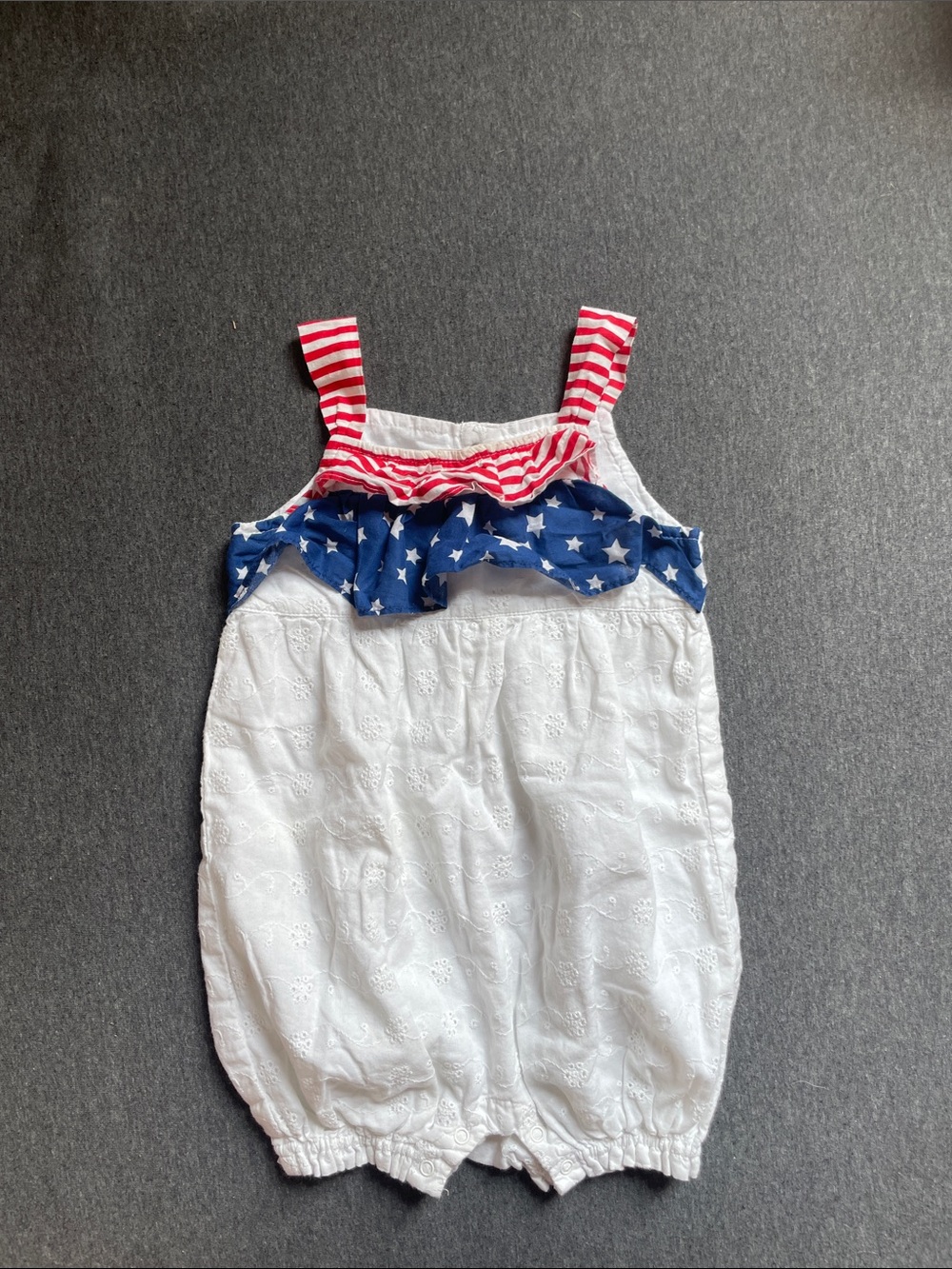 Koala Kids White One-Piece with Red Stripes and Blue Star Ruffle
